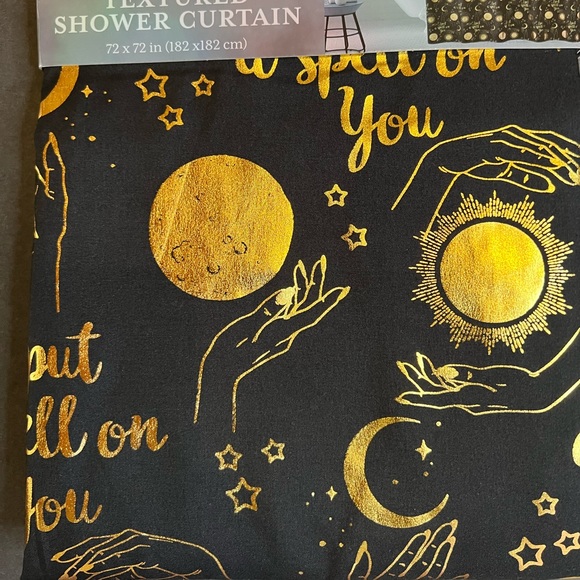 Halloween Black Fabric Shower Curtain Metallic Gold Moon Stars Sun I Put Spell - Picture 2 of 6
